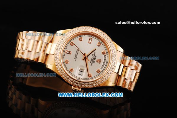 Rolex Day Date II Automatic Movement Full Rose Gold with Double Row Diamond Bezel - Diamond Markers and White Dial - Click Image to Close